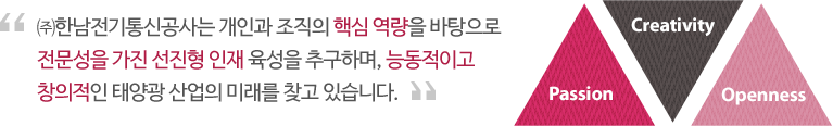 ㈜한남전기통신공사는 개인과 조직의 핵심 역량을 바탕으로 전문성을 가진 선진형 인재 육성을 추구하며, 능동적이고 창의적인 태양광 산업의 미래를 찾고 있습니다. 